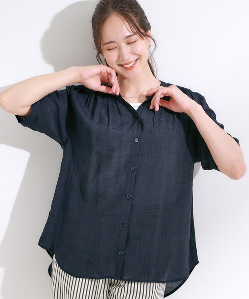 SHOO・LA・RUE(シューラルー)の「【S-LL/2点セット】着るだけでコーデが決まる 麻調5分袖ブラウス+タンクトップ(シャツ/ブラウス・レディース・ネイビー/ホワイト系5/ブルー/ブルー系その他4/ライトイエロー系・01/04/03/02)」の2枚目の写真