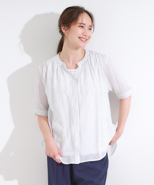 SHOO・LA・RUE(シューラルー)の「【S-LL/2点セット】着るだけでコーデが決まる 麻調5分袖ブラウス+タンクトップ(シャツ/ブラウス・レディース・ネイビー/ホワイト系5/ブルー/ブルー系その他4/ライトイエロー系・01/04/03/02)」の18枚目の写真