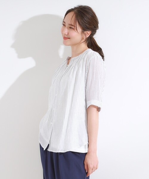 SHOO・LA・RUE(シューラルー)の「【S-LL/2点セット】着るだけでコーデが決まる 麻調5分袖ブラウス+タンクトップ(シャツ/ブラウス・レディース・ネイビー/ホワイト系5/ブルー/ブルー系その他4/ライトイエロー系・01/04/03/02)」の19枚目の写真