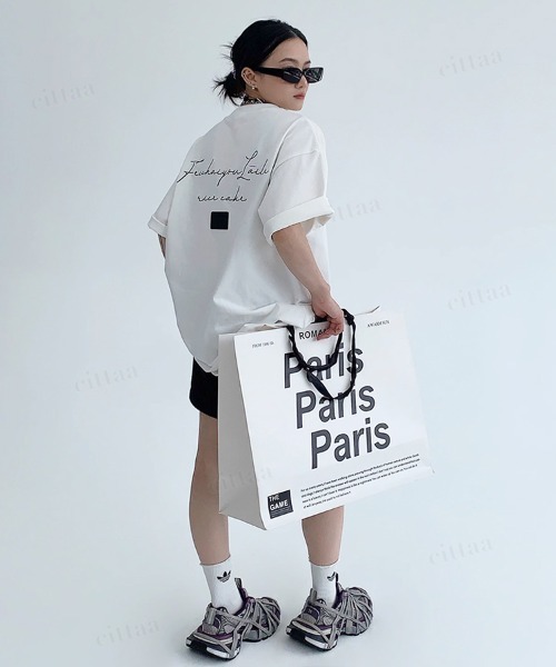 Dalfwin(ダールフィン)の「韓国ファッション Feichaiyou筆記体ロゴフェイクレザーラベル付き半袖Tシャツ(Tシャツ/カットソー・レディース・グレー/ホワイト・FREE)」の10枚目の写真