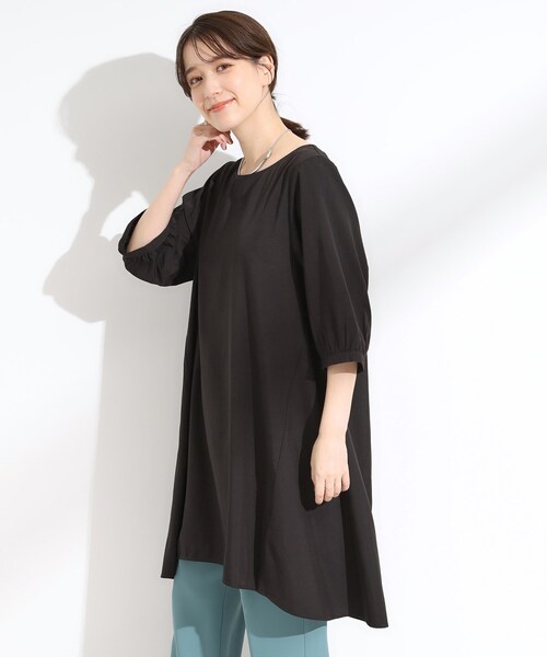 SHOO・LA・RUE(シューラルー)の「【S-LL/洗濯後しわになりにくい/UV/6分袖】コットン風 Aラインチュニックワンピース(チュニック・レディース・グリーン/ブラック/カーキ・01/02/03/04)」の5枚目の写真