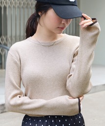 <マシンウォッシャブル/アンチピリング>配色ライン サムホール クルーネック ソフトリブニット