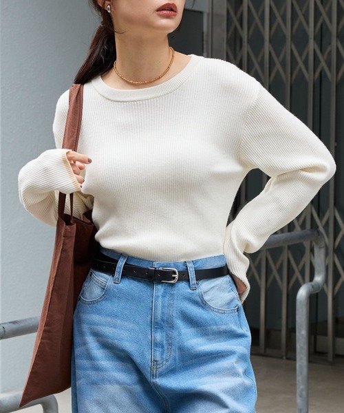 マシンウォッシャブル/アンチピリング＞配色ライン サムホール クルー