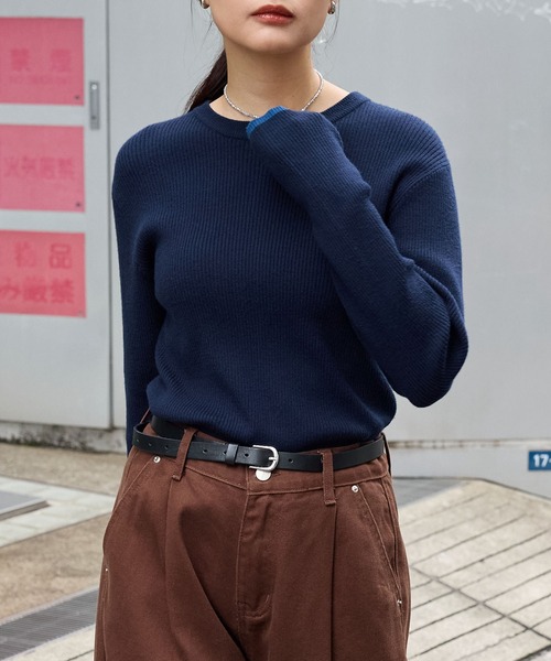 マシンウォッシャブル/アンチピリング＞配色ライン サムホール クルー