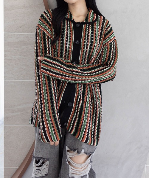 CLEAR BASIC（クリアベーシック）の「クロシェライクロングニットカーディガン[カジュアル 着回し抜群 大人]（カーディガン/ボレロ・レディース・ブラック/アイボリー・F）」の2枚目の写真