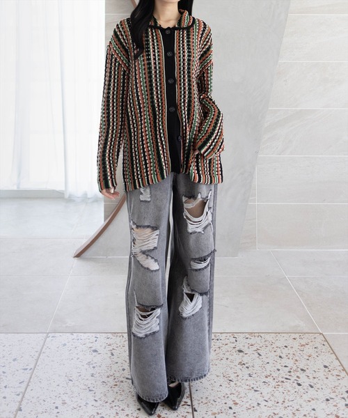 CLEAR BASIC（クリアベーシック）の「クロシェライクロングニットカーディガン[カジュアル 着回し抜群 大人]（カーディガン/ボレロ・レディース・ブラック/アイボリー・F）」の12枚目の写真