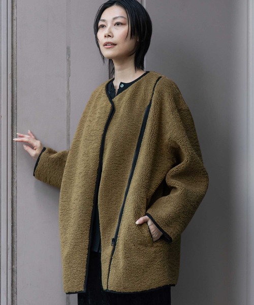 Munich（ミューニック）の「シープボアムートンライダースコート（ノーカラーコート・レディース・ブラック/アイボリー/カーキ・FREE）」の12枚目の写真