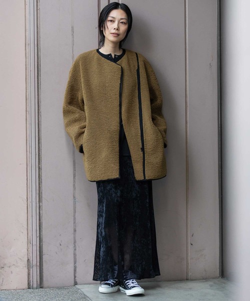 Munich（ミューニック）の「シープボアムートンライダースコート（ノーカラーコート・レディース・ブラック/アイボリー/カーキ・FREE）」の16枚目の写真