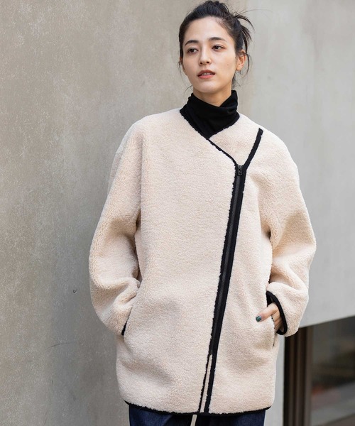 Munich（ミューニック）の「シープボアムートンライダースコート（ノーカラーコート・レディース・ブラック/アイボリー/カーキ・FREE）」の5枚目の写真