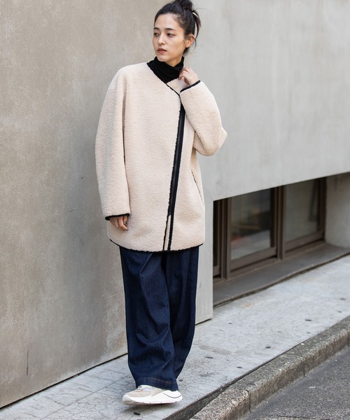 Munich（ミューニック）の「シープボアムートンライダースコート（ノーカラーコート・レディース・ブラック/アイボリー/カーキ・FREE）」の10枚目の写真