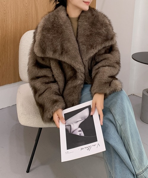 ビッグカラー オーバーサイズ フェイクファーコート 秋 冬（その他