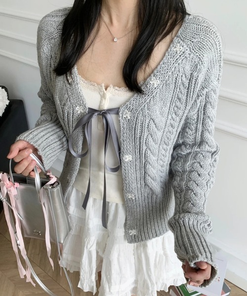 セール】【秋冬新作】リボン付きケーブルニットカーディガン