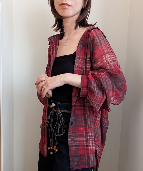 styiro（スタイロ）の「シースルーチェック柄ブラウスシャツ（シャツ/ブラウス・レディース・ベージュ/ブラック/ブルー/レッド・FREE）」の4枚目の写真