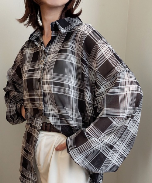 styiro（スタイロ）の「シースルーチェック柄ブラウスシャツ（シャツ/ブラウス・レディース・ベージュ/ブラック/ブルー/レッド・FREE）」の8枚目の写真