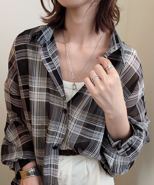styiro（スタイロ）の「シースルーチェック柄ブラウスシャツ（シャツ/ブラウス・レディース・ベージュ/ブラック/ブルー/レッド・FREE）」の9枚目の写真