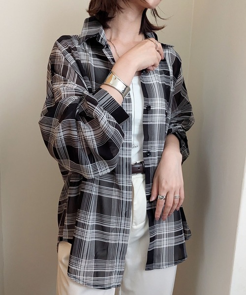 styiro（スタイロ）の「シースルーチェック柄ブラウスシャツ（シャツ/ブラウス・レディース・ベージュ/ブラック/ブルー/レッド・FREE）」の10枚目の写真