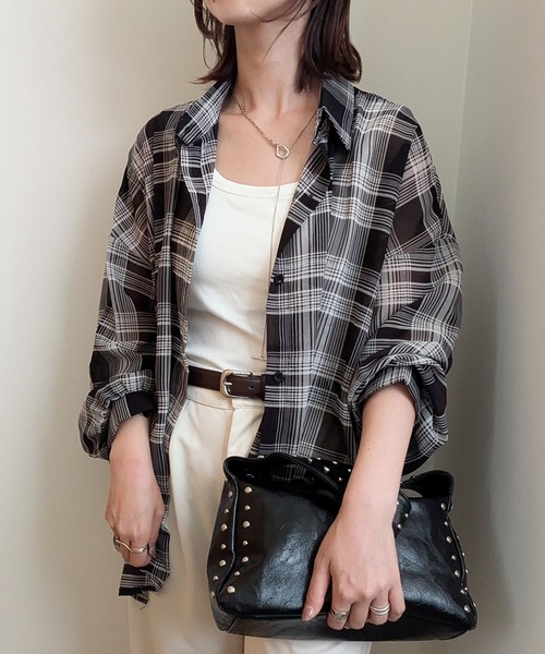 styiro（スタイロ）の「シースルーチェック柄ブラウスシャツ（シャツ/ブラウス・レディース・ベージュ/ブラック/ブルー/レッド・FREE）」の11枚目の写真