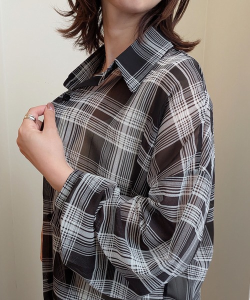 styiro（スタイロ）の「シースルーチェック柄ブラウスシャツ（シャツ/ブラウス・レディース・ベージュ/ブラック/ブルー/レッド・FREE）」の15枚目の写真