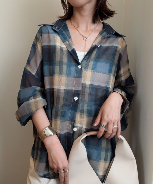 styiro（スタイロ）の「シースルーチェック柄ブラウスシャツ（シャツ/ブラウス・レディース・ベージュ/ブラック/ブルー/レッド・FREE）」の21枚目の写真