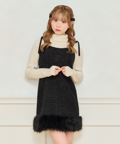 セール】【ペチコート付き】肩リボンツイードミニキャミワンピース