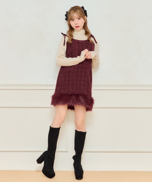 セール】【ペチコート付き】肩リボンツイードミニキャミワンピース