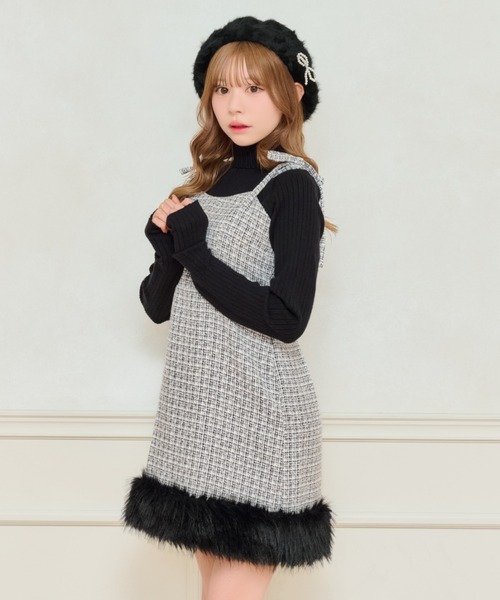 セール】【ペチコート付き】肩リボンツイードミニキャミワンピース