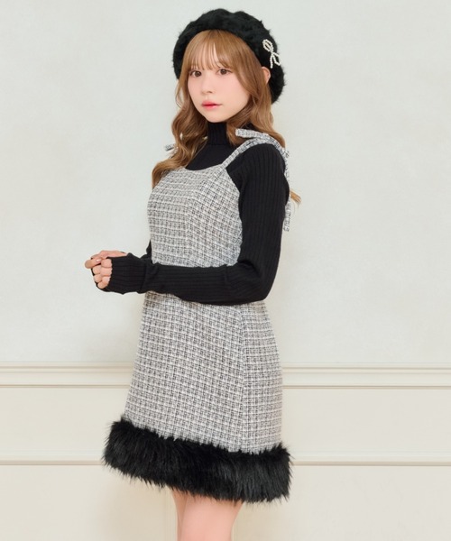 ペチコート付き】肩リボンツイードミニキャミワンピース（ワンピース