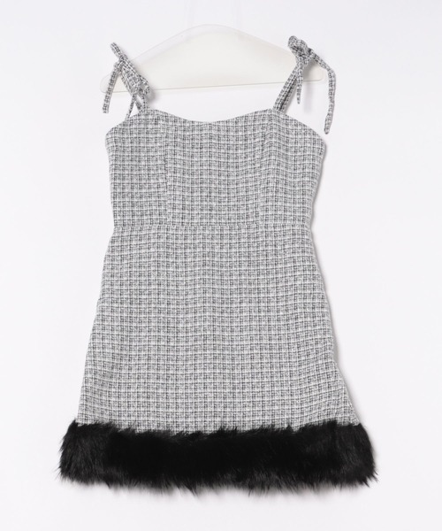 セール】【ペチコート付き】肩リボンツイードミニキャミワンピース