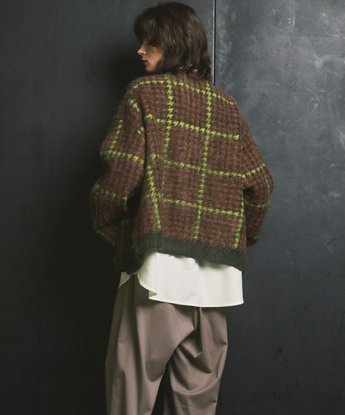 UNISEX》5G Plaid Pattern Shaggy Knit V-neck Cardigan/5Gチェック