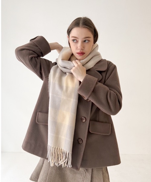 F i.n.t(フィント)の「テディベア刺繍入りチェックストール(ストール/ショール・レディース・ラベンダー/レンガ/ブルー・FREE)」の4枚目の写真