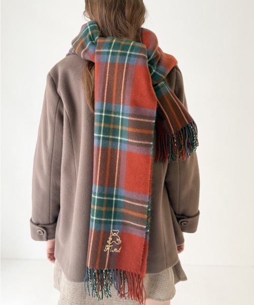 F i.n.t(フィント)の「テディベア刺繍入りチェックストール(ストール/ショール・レディース・ラベンダー/レンガ/ブルー・FREE)」の5枚目の写真