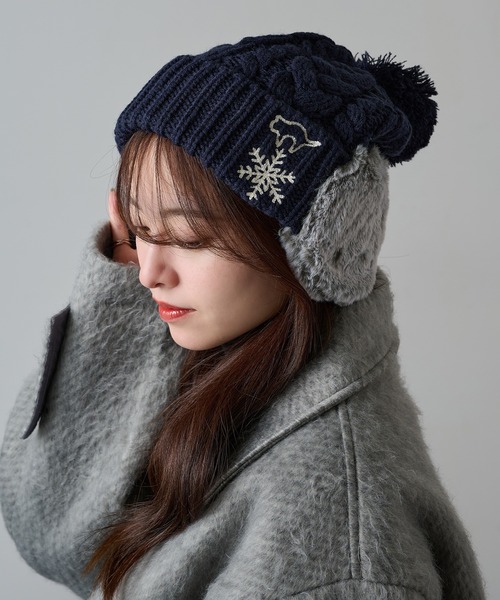 セール】【SETUP7】ボア耳つき ネコ刺繍ニット帽 ワッチ FTL（ニット