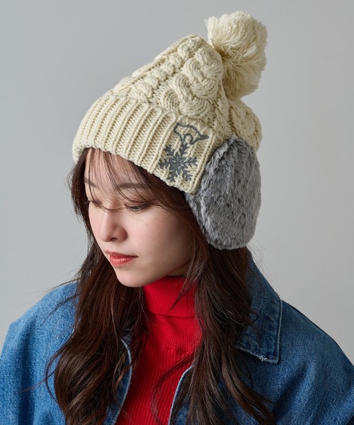 セール】【SETUP7】ボア耳つき ネコ刺繍ニット帽 ワッチ FTL（ニット