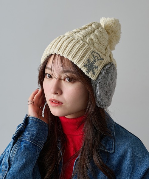 セール】【SETUP7】ボア耳つき ネコ刺繍ニット帽 ワッチ FTL（ニット