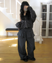 プリーツスカートレイヤードワイドパンツ[チャコール]