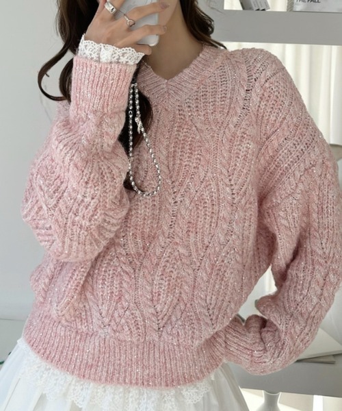 セール】Vネック ビック ケーブル ラメ レースドッキング ニット
