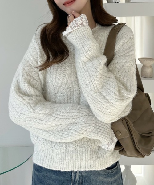 ルネ♡ニットフーディ セール】Vネック ビック ケーブル ラメ レースドッキング ニット