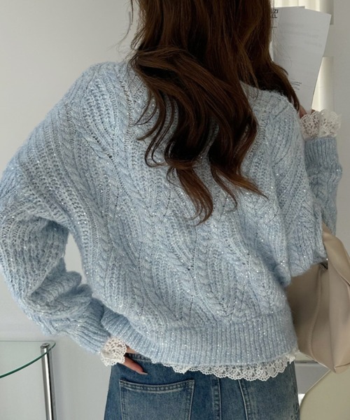 Ada.(エイダ)の「Vネック ビック ケーブル ラメ レースドッキング ニット(ニット/セーター・レディース・アイボリー/ブルー/ピンク・FREE)」の16枚目の写真
