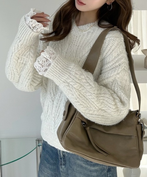 Ada.(エイダ)の「Vネック ビック ケーブル ラメ レースドッキング ニット(ニット/セーター・レディース・アイボリー/ブルー/ピンク・FREE)」の5枚目の写真