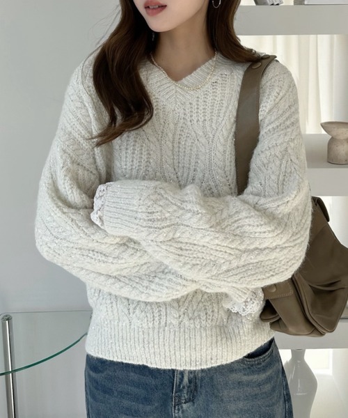 セール】Vネック ビック ケーブル ラメ レースドッキング ニット