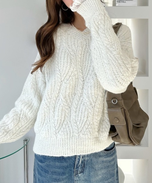 heve♡Tinker Knit white(ニット)ホワイト セール】Vネック ビック ケーブル ラメ レースドッキング ニット