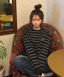 CPGN STUDIO（コンパーニョ）の「ストライプワッペンロゴロングスリーブネイビーグリーン（Tシャツ/カットソー）」