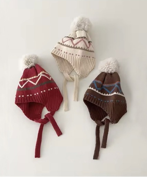 Bambin(ボンバン)の「【 Bambin / ボンバン 】 スノームード ポンポン ニットイヤーキャップ(ニットキャップ/ビーニー・キッズ・ダークブラウン/レッド/アイボリー/ライトブラウン・FREE)」の7枚目の写真