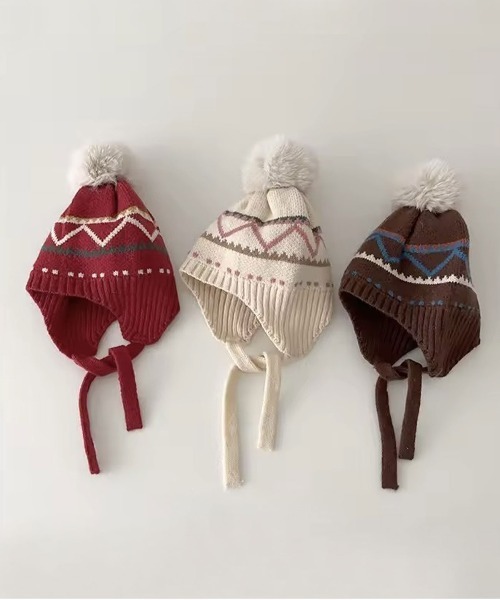 Bambin(ボンバン)の「【 Bambin / ボンバン 】 スノームード ポンポン ニットイヤーキャップ(ニットキャップ/ビーニー・キッズ・ダークブラウン/レッド/アイボリー/ライトブラウン・FREE)」の6枚目の写真