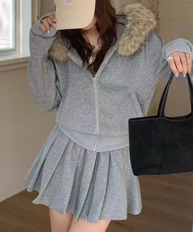 LAC-VERT | ファーフーディーZIPパーカー＋プリーツミニスカートセットアップ(セットアップ)