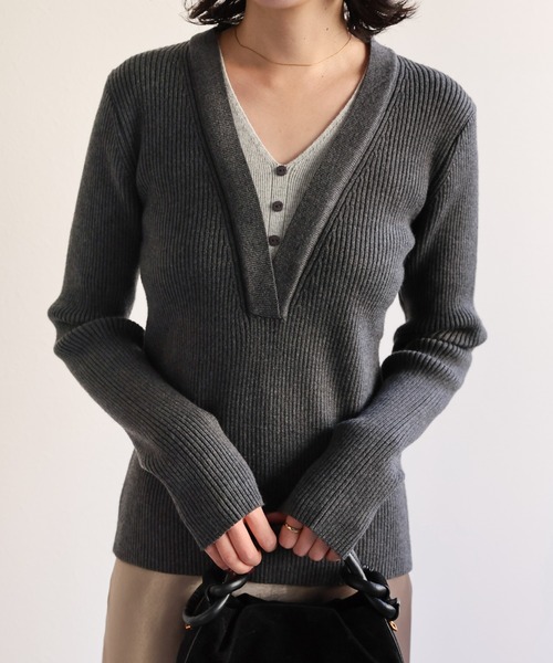 sakishimatokyo(サキシマトーキョー)の「レイヤード配色リブニットトップス(ニット/セーター・レディース・グレー/オートミール/ネイビー・FREE)」の14枚目の写真