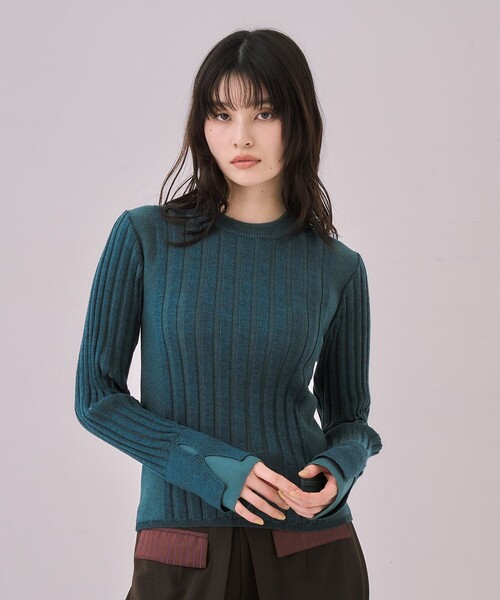 UNITED TOKYO（ユナイテッドトウキョウ）の「リップルレイヤーニット｜ウォッシャブル/オフィスカジュアル/細見え/春服（ニット/セーター・レディース・グリーン/ブラウン/グレー・FREE）」の3枚目の写真