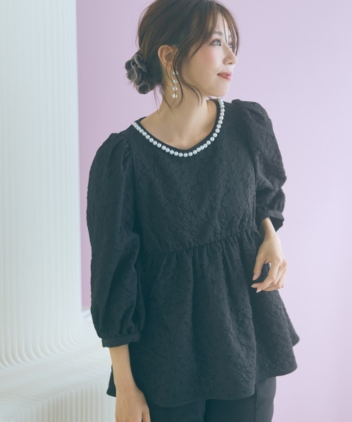 marun（マルン）の「＜大きいサイズ＞ふくれジャガードパフスリーブチュニック marun（その他トップス・レディース・ミント/ブラック・L/5L/4L/3L/LL）」の2枚目の写真