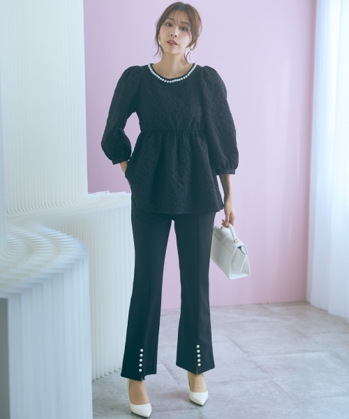 marun（マルン）の「＜大きいサイズ＞ふくれジャガードパフスリーブチュニック marun（その他トップス・レディース・ミント/ブラック・L/5L/4L/3L/LL）」の3枚目の写真