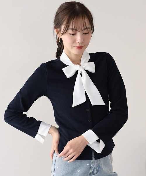 BLUEEAST(ブルーイースト)の「ボウタイシャツドッキングカーディガン(Tシャツ/カットソー・レディース・ブラック/ネイビー・MEDIUM)」の1枚目の写真